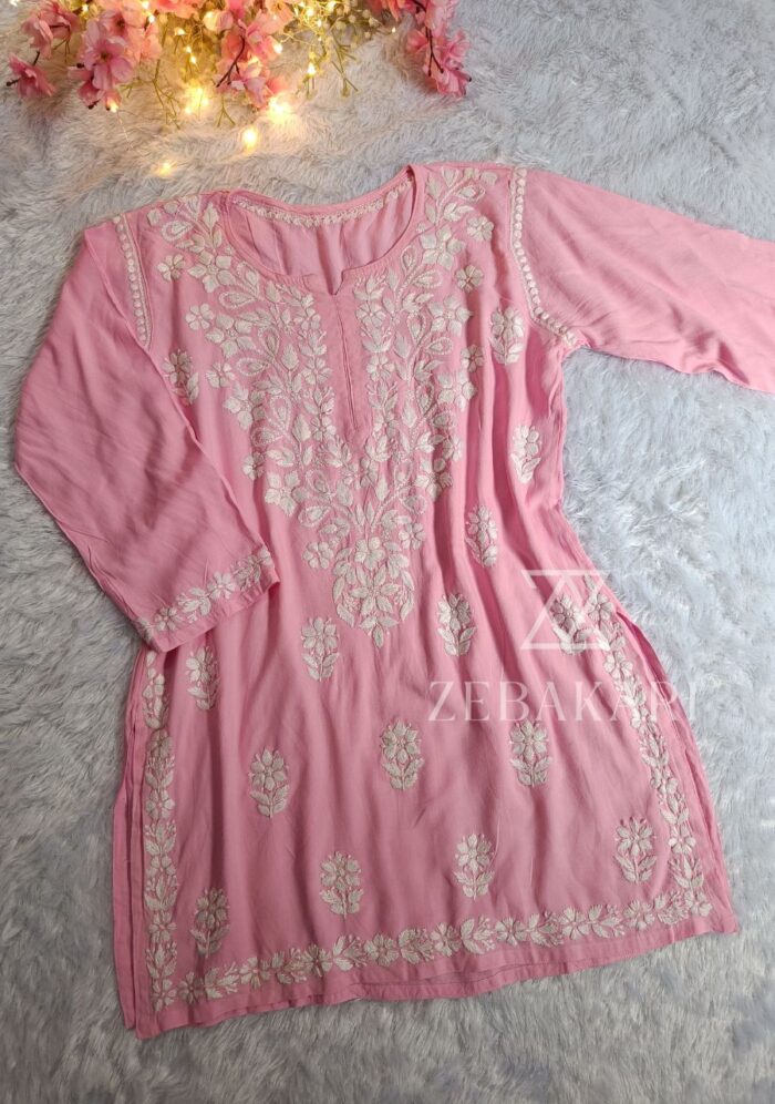 Daisy Chikankari Rayon Short Kurti - Baby Pink - Image 3