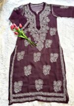 Alice Georgette Chikankari Long Straight Kurti - Wine - Image 4