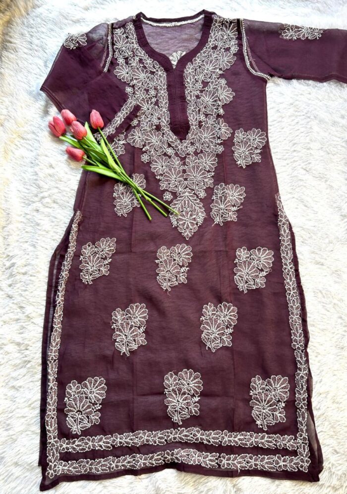Alice Georgette Chikankari Long Straight Kurti - Wine - Image 4