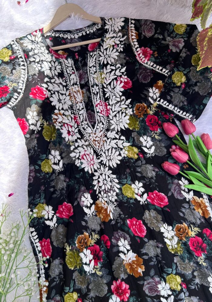 Liza Black Chikankari MulMul Straight Kurta - Image 2