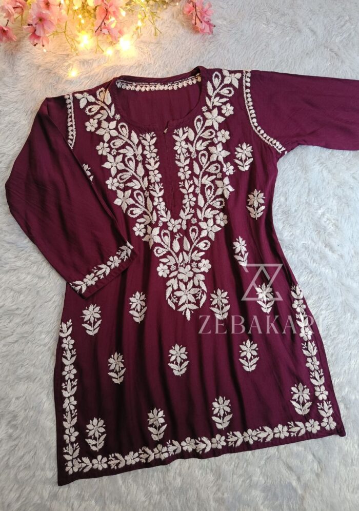 Daisy Chikankari Rayon Short Kurti - Plum - Image 2