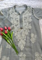 Alice Georgette Chikankari Long Straight Kurti - Grey - Image 3
