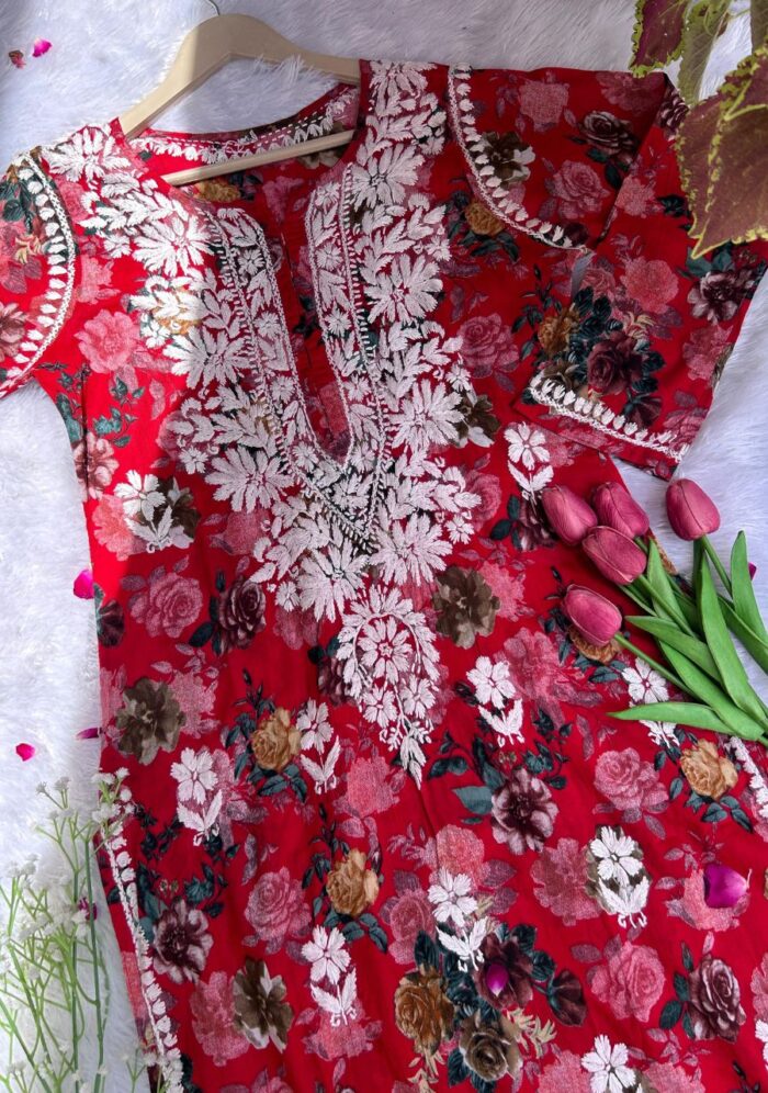 Liza Chikankari MulMul Straight Kurta- Red - Image 2
