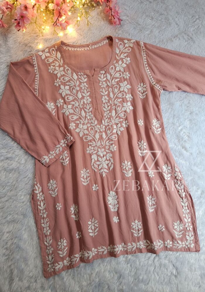 Daisy Chikankari Rayon Short Kurti - Nude Pink - Image 2