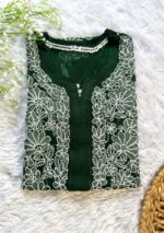 Alice Georgette Chikankari Long Straight Kurti - Bottle Green