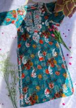 Liza Chikankari Mulmul Long Kurti- Turquoise Green - Image 3