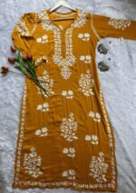 Feriha Chikankari Modal Long Kurti- Mustard - Image 3