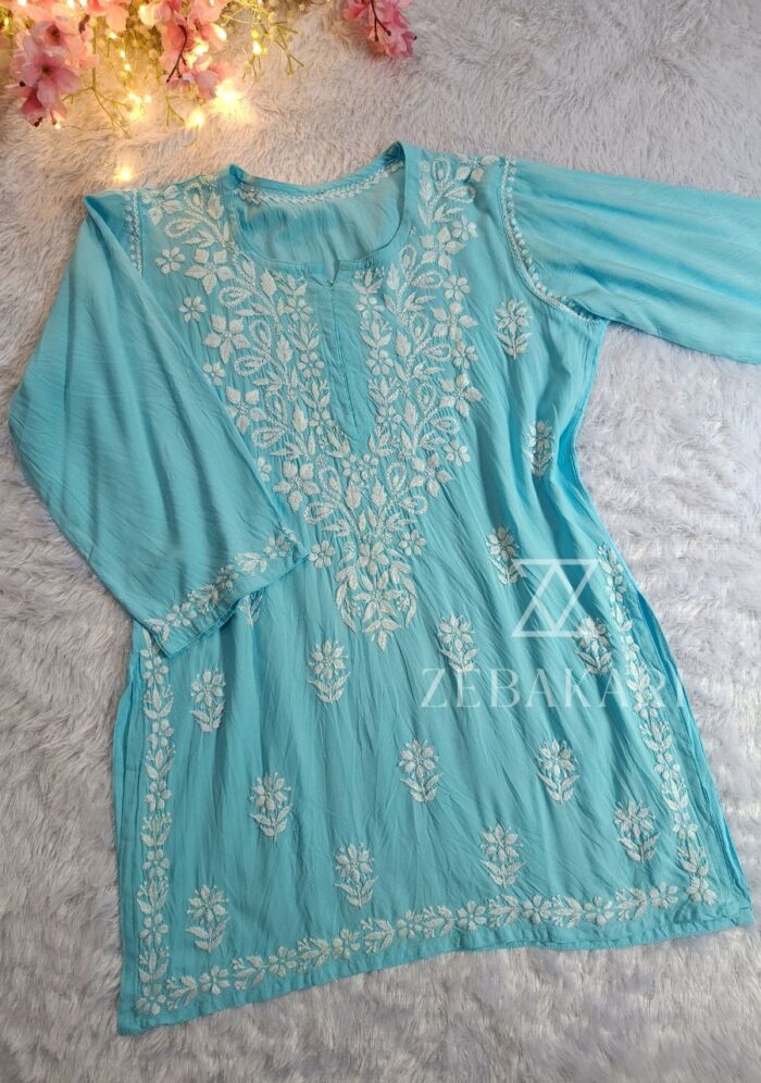 Daisy Chikankari Rayon Short Kurti - Sky Blue - Image 2