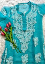 Alice Georgette Chikankari Long Straight Kurti - Sky Blue