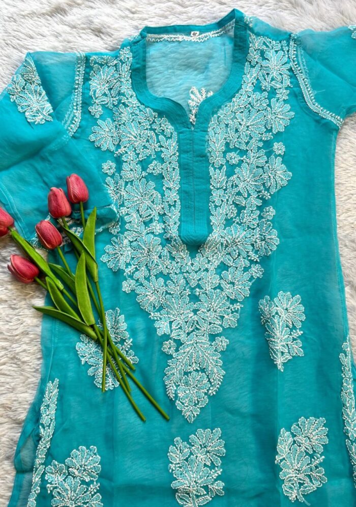 Alice Georgette Chikankari Long Straight Kurti - Sky Blue - Image 1