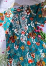 Liza Chikankari Mulmul Long Kurti- Turquoise Green - Image 2