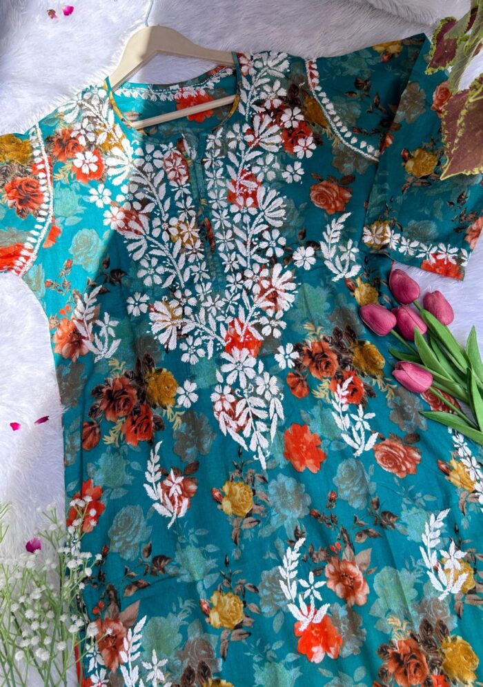 Liza Chikankari Mulmul Long Kurti- Turquoise Green - Image 2