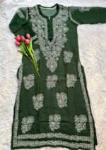 Alice Georgette Chikankari Long Straight Kurti - Bottle Green - Image 3