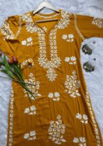 Feriha Chikankari Modal Long Kurti- Mustard - Image 2