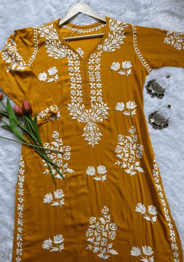 Feriha  Chikankari Modal Long Kurti- Mustard - Image 2