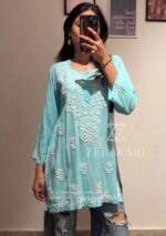 Daisy Chikankari Rayon Short Kurti - Sky Blue