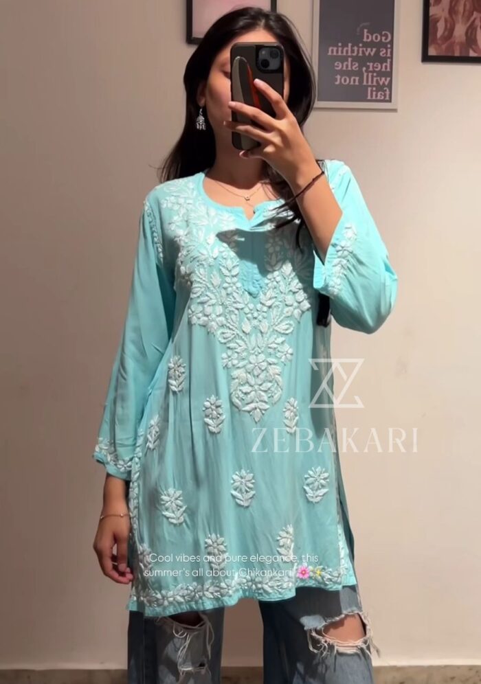 Daisy Chikankari Rayon Short Kurti - Sky Blue - Image 1
