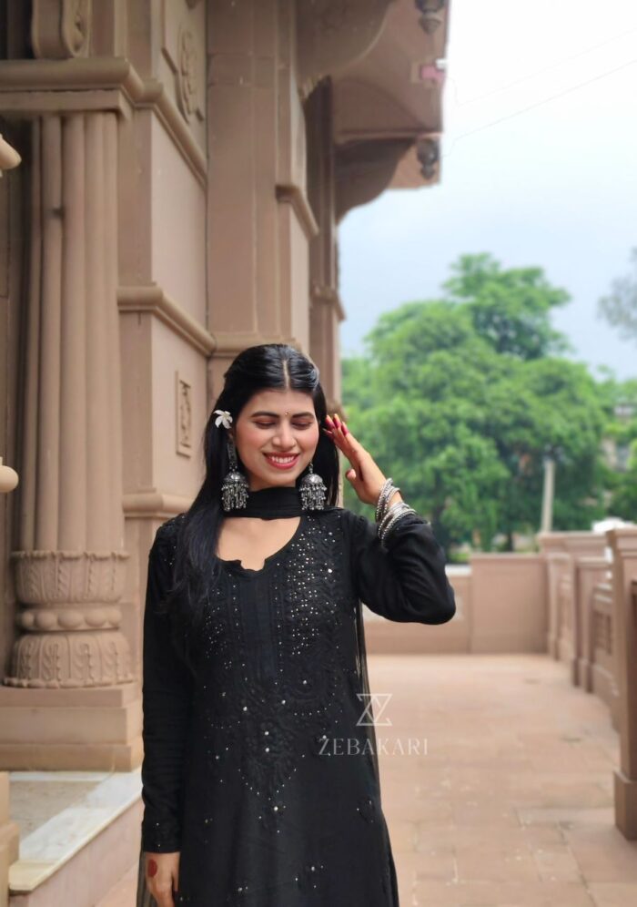 Noor Chikankari Mukesh Work Rayon Long Kurti Set with Dupatta - Black - Image 3
