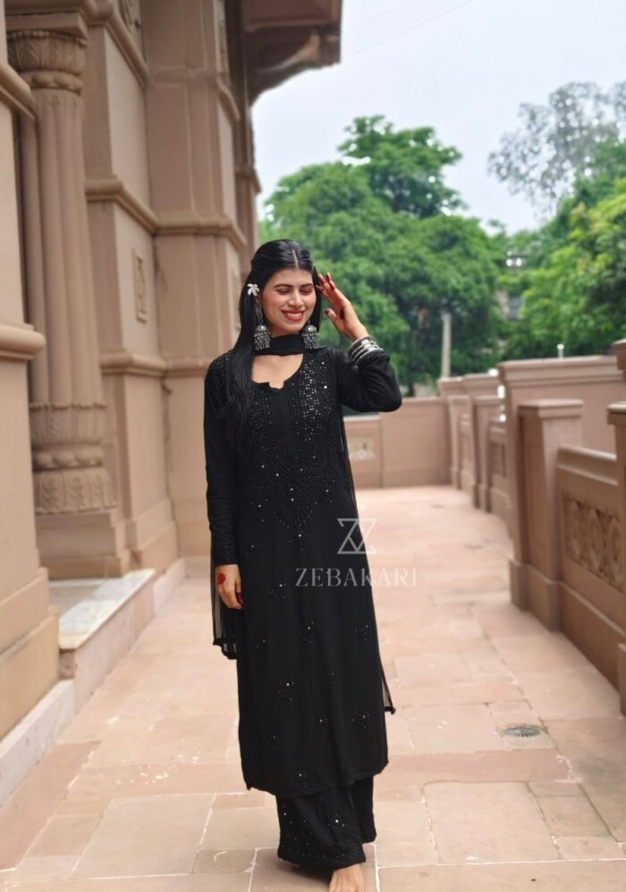 Noor Chikankari Mukesh Work Rayon Long Kurti Set with Dupatta - Black - Image 1