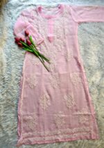 Alice Georgette Chikankari Long Straight Kurti - Baby pink - Image 3