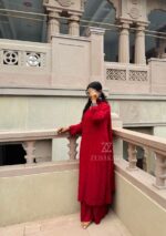 Noor Chikankari Mukesh Work Rayon Long Kurti Set with Dupatta - Maroon - Image 3