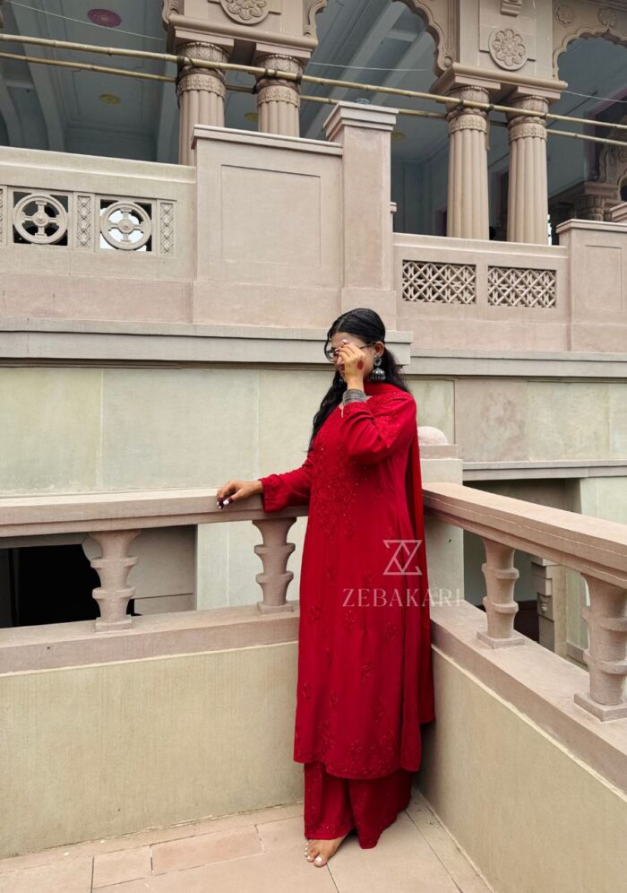 Noor Chikankari Mukesh Work Rayon Long Kurti Set with Dupatta - Maroon - Image 3