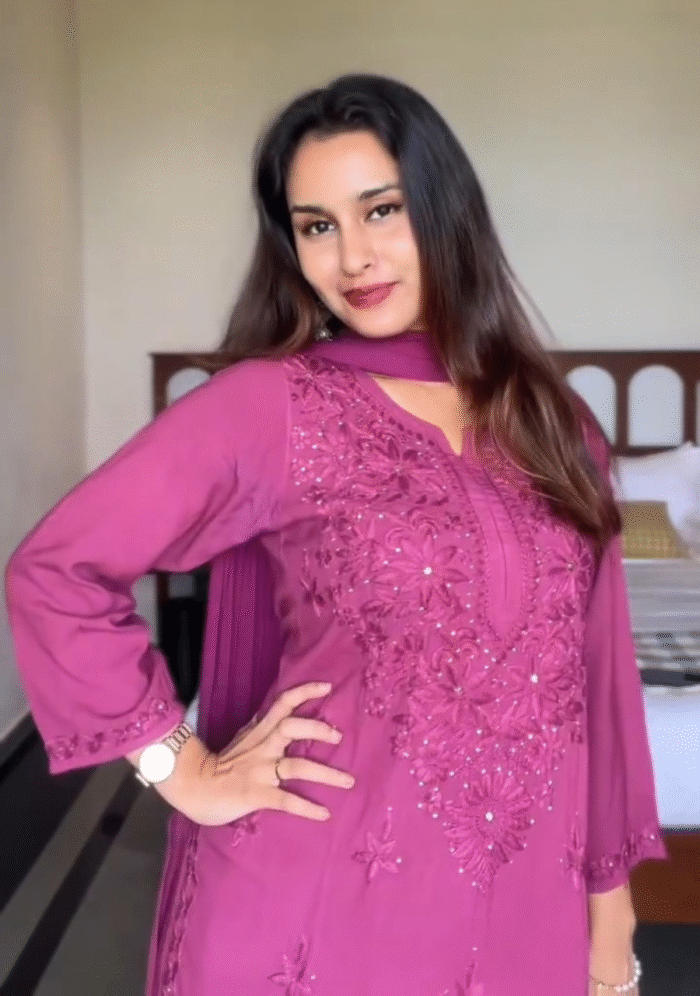 Noor Chikankari Mukesh Work Rayon Long Kurti Set with Dupatta - Plum - Image 1