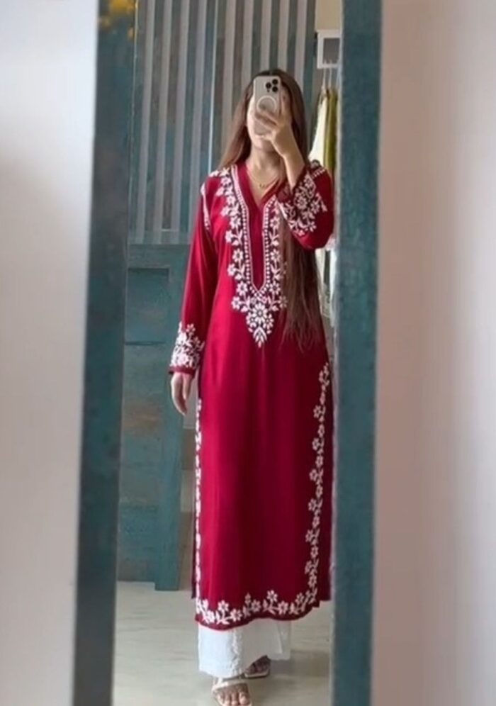 Elira Rayon Chikankari Long Kurti- Maroon - Image 1