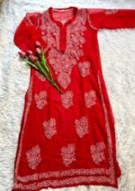 Alice Georgette Chikankari Long Straight Kurti - Red - Image 3