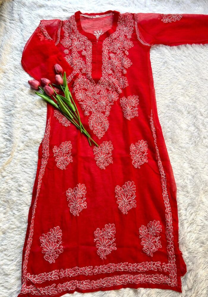 Alice Georgette Chikankari Long Straight Kurti - Red - Image 3