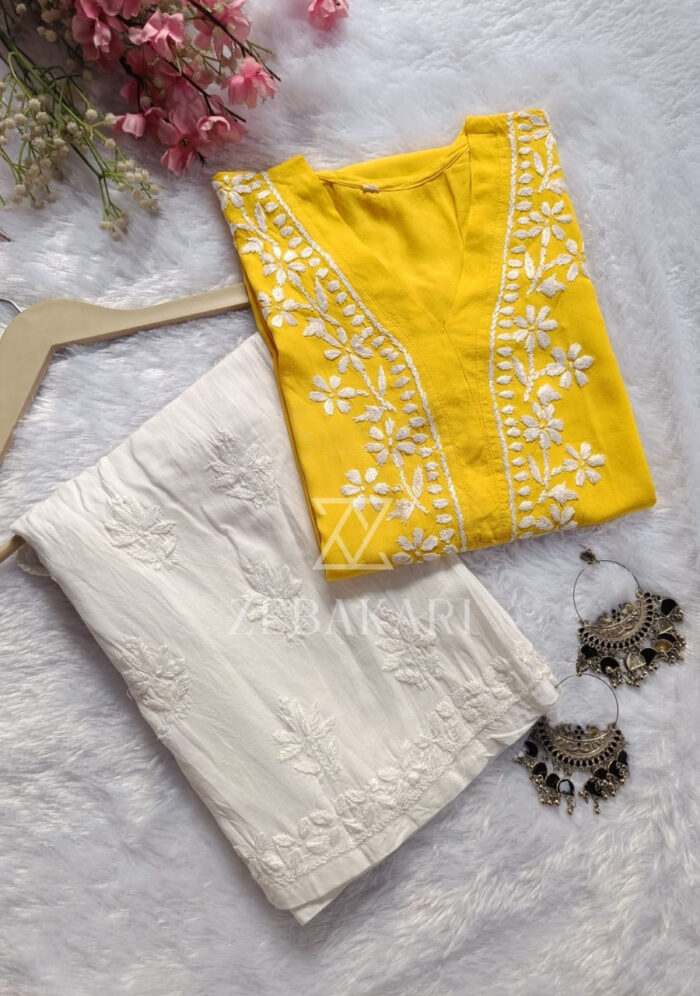 Elira Rayon Chikankari Long Kurti- Mango Yellow - Image 3
