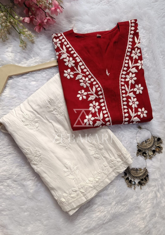 Elira Rayon Chikankari Long Kurti- Maroon - Image 2