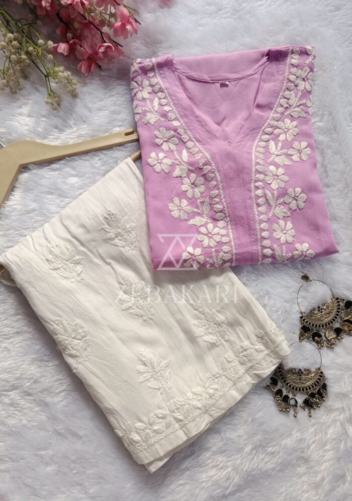 Elira Rayon Chikankari Long Kurti- Lavender - Image 2
