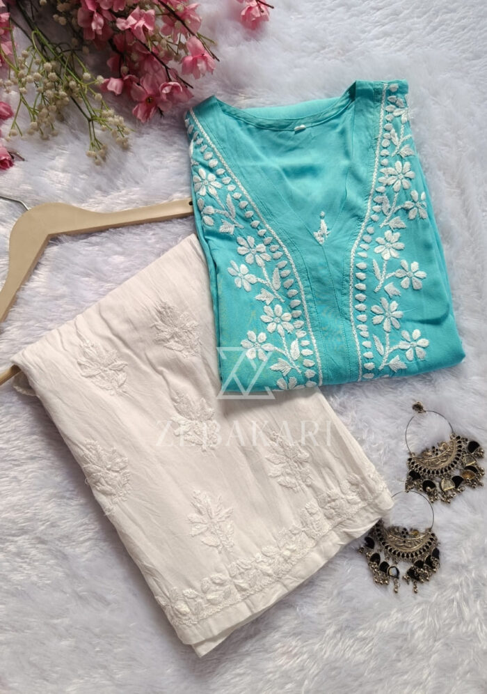 Elira Rayon Chikankari Long Kurti- Turquoise blue - Image 2
