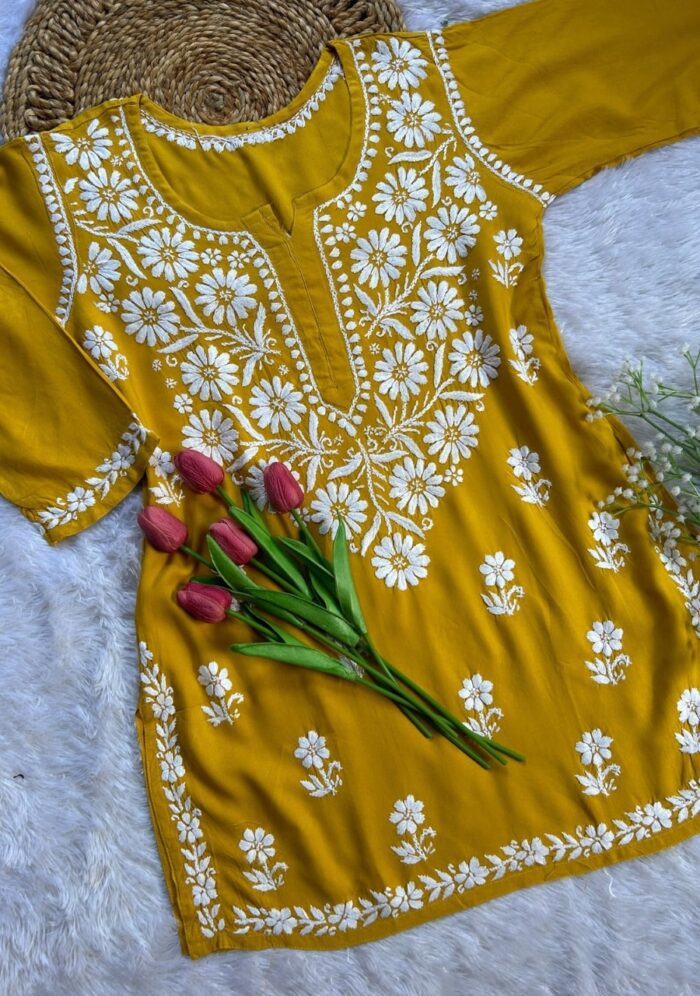 Daisy Mustard Chikankari Straight Short Kurta - Image 1
