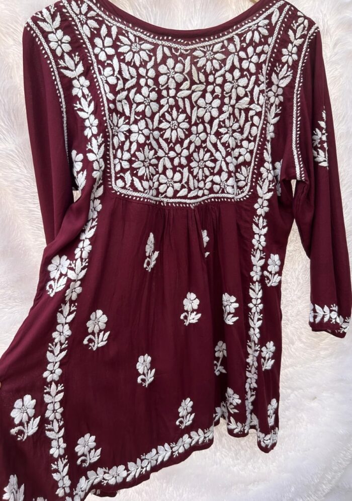 Ariana Modal Chikankari Peplum Short Top- Wine - Image 2