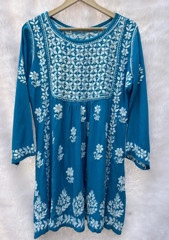 Ariana Modal Chikankari Peplum Short Top- Ferozi - Image 1