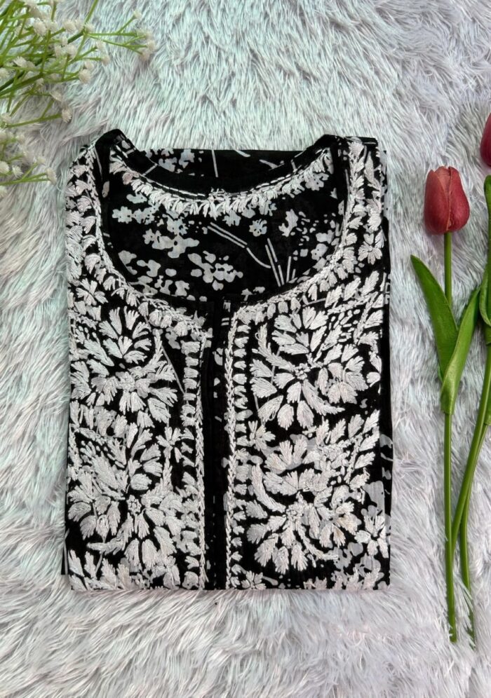 Emily Chikankari Mulmul Straight Kurta- Black - Image 3