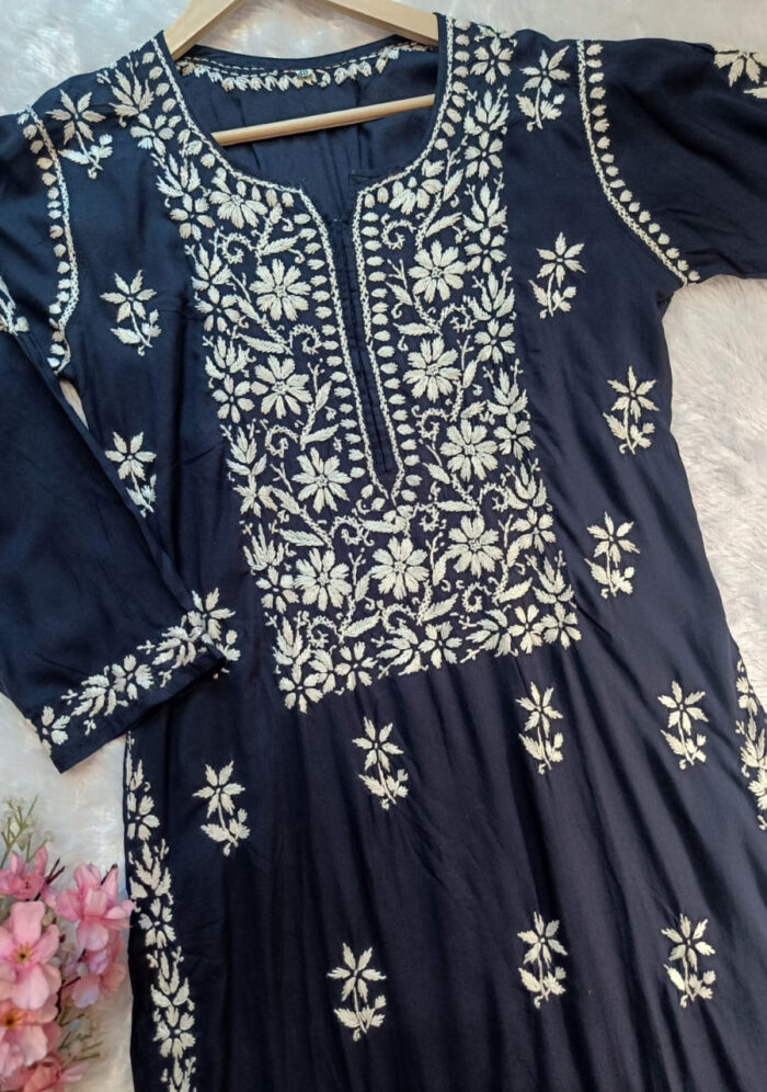Feriha Chikankari Modal Long Kurti- Navy Blue - Image 1
