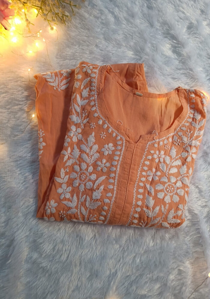 Feriha Chikankari Modal Straight Kurta- Orange - Image 1