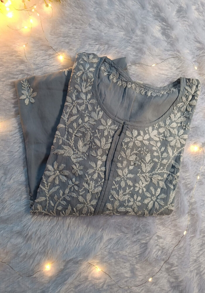 Feriha Chikankari Modal Long Kurti- Grey - Image 3