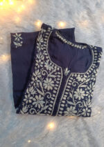 Feriha Chikankari Modal Long Kurti- Navy Blue - Image 2