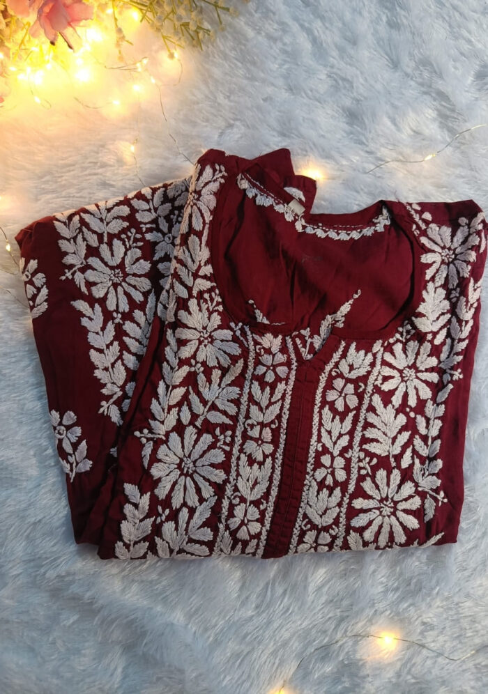 Feriha Chikankari Panel Design Modal Straight Kurta- Maroon - Image 1