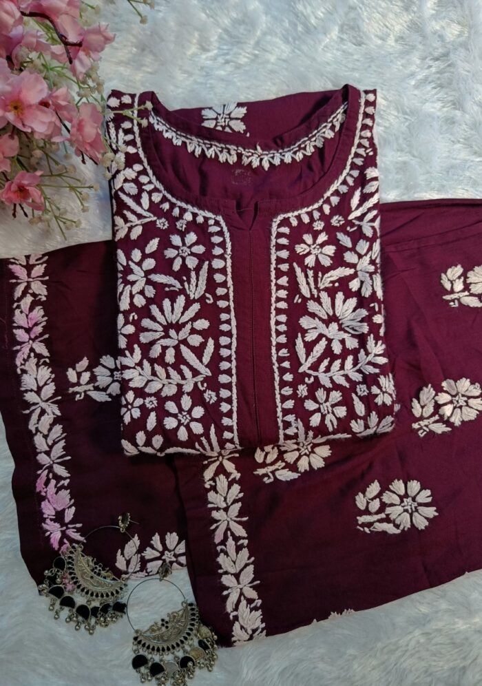 Zoe Plum Chikankari Rayon Kurta Set - Image 1