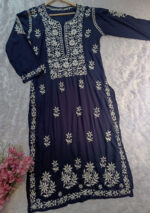Feriha Chikankari Modal Long Kurti- Navy Blue - Image 3