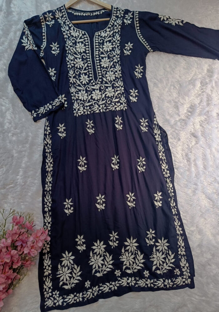 Feriha Chikankari Modal Long Kurti- Navy Blue - Image 3