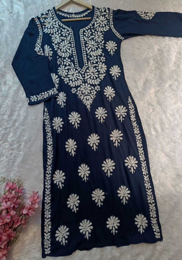 Feriha Modal Chikankari Long Kurta - Blue - Image 2