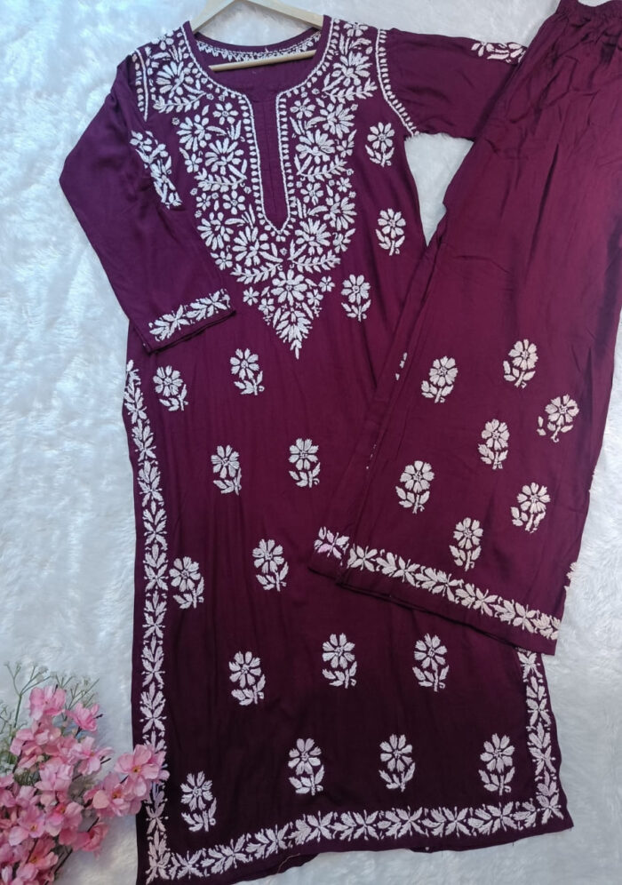 Zoe Plum Chikankari Rayon Kurta Set - Image 3