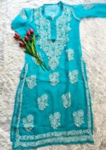 Alice Georgette Chikankari Long Straight Kurti - Sky Blue - Image 2