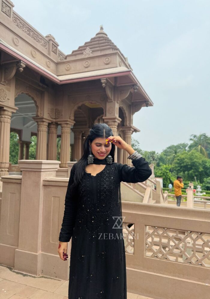 Noor Chikankari Mukesh Work Rayon Long Kurti Set with Dupatta - Black - Image 7
